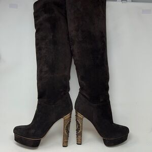 Le Silla 39/US 9 Brown Suede Metal Crystal Embellished Platform Tall Boots